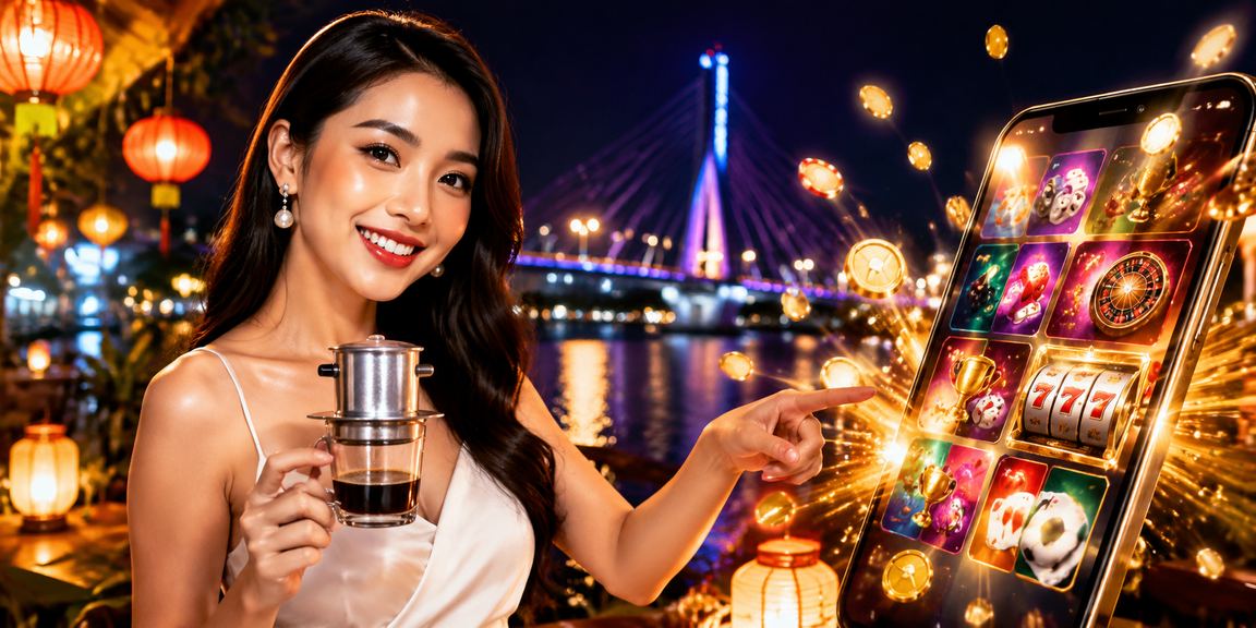 Người chơi trải nghiệm casino di động tại Hội An bên ly cà phê, giao diện tiếng Việt hiển thị rõ trên điện thoại